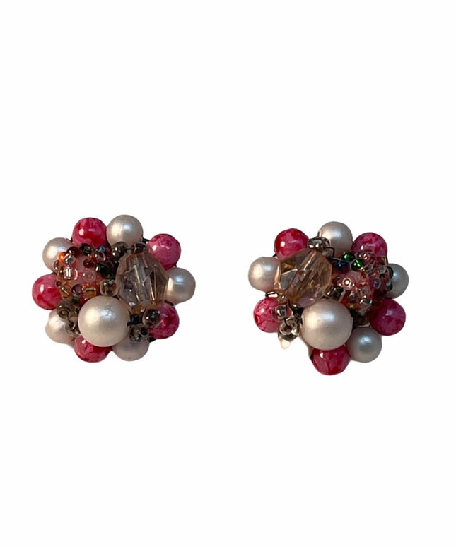 Vintage pink chunky resin plastic groovy clip on earrings 1960s