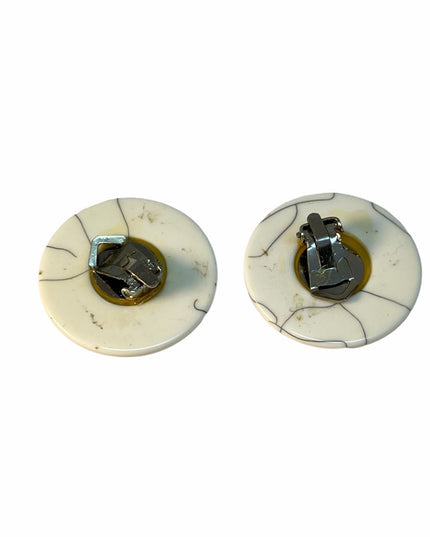 Vintage white crackle fabcy Plastic resin chunky round earrings 1970s