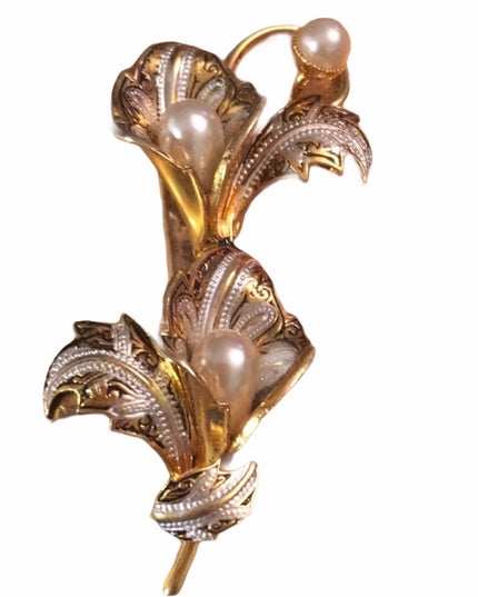 VTG flower Gold Spain Damascene Faux pearl brooch