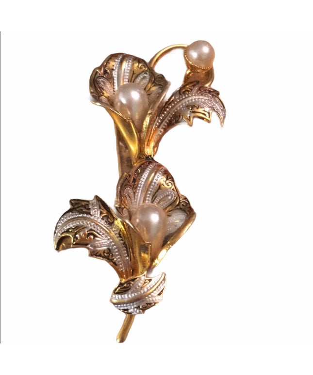 VTG flower Gold Spain Damascene Faux pearl brooch