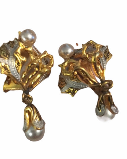 Vintage gold plated Spain clip on Damascene pearl earrings