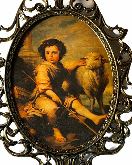 Vinttage Oval Metal Italy fancy picture boy sheep