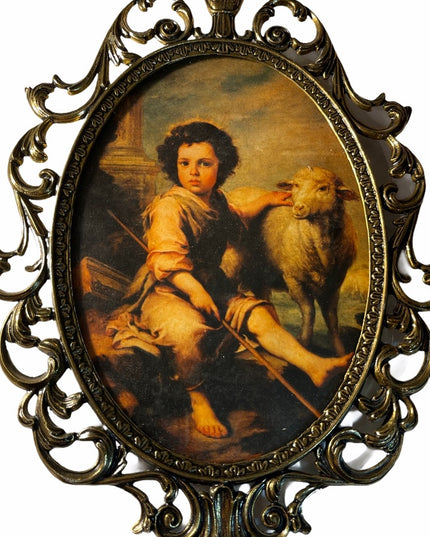 Vinttage Oval Metal Italy fancy picture boy sheep