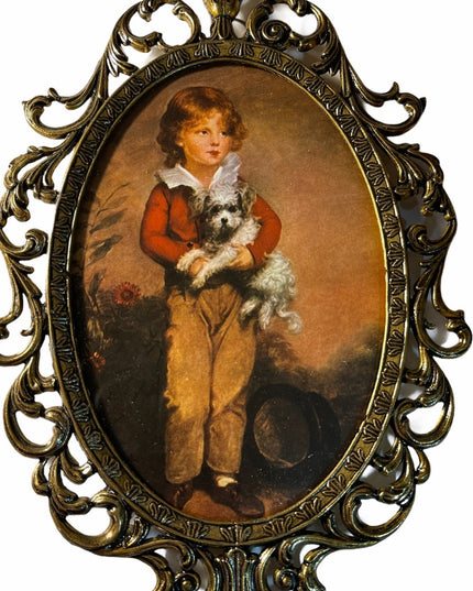Vintage Boy with dog Italy metal oval picture