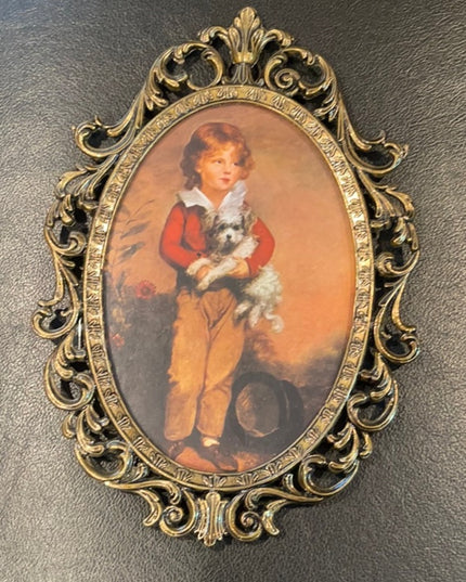 Vintage Boy with dog Italy metal oval picture