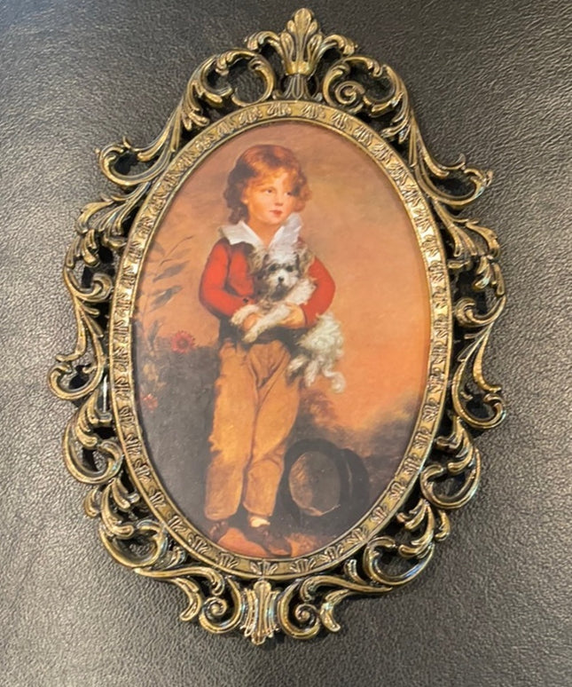 Vintage Boy with dog Italy metal oval picture