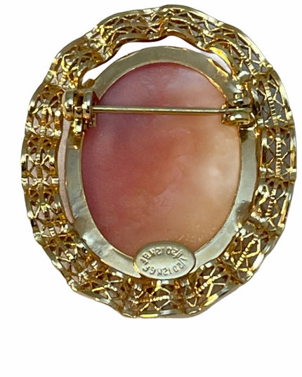 VTG 12k GF gold Carved shell cameo brooch filagree