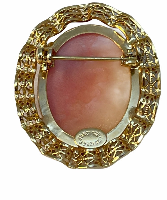 VTG 12k GF gold Carved shell cameo brooch filagree