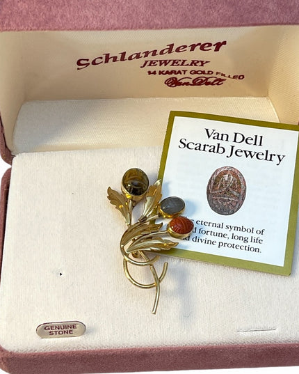 VTG 14k GF Gold Van Dell Scarab stone brooch