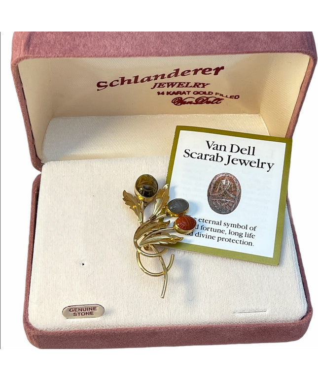 VTG 14k GF Gold Van Dell Scarab stone brooch