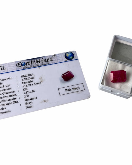 7 CT Pink Beryl Emerald cut stone Certificate