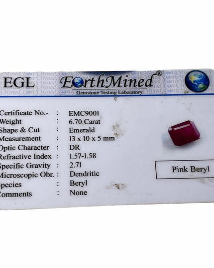 7 CT Pink Beryl Emerald cut stone Certificate