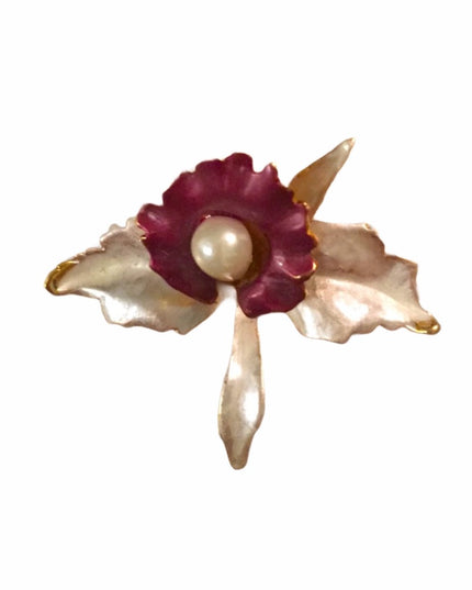 Vintage flower brooch enamel Orchid gold tone