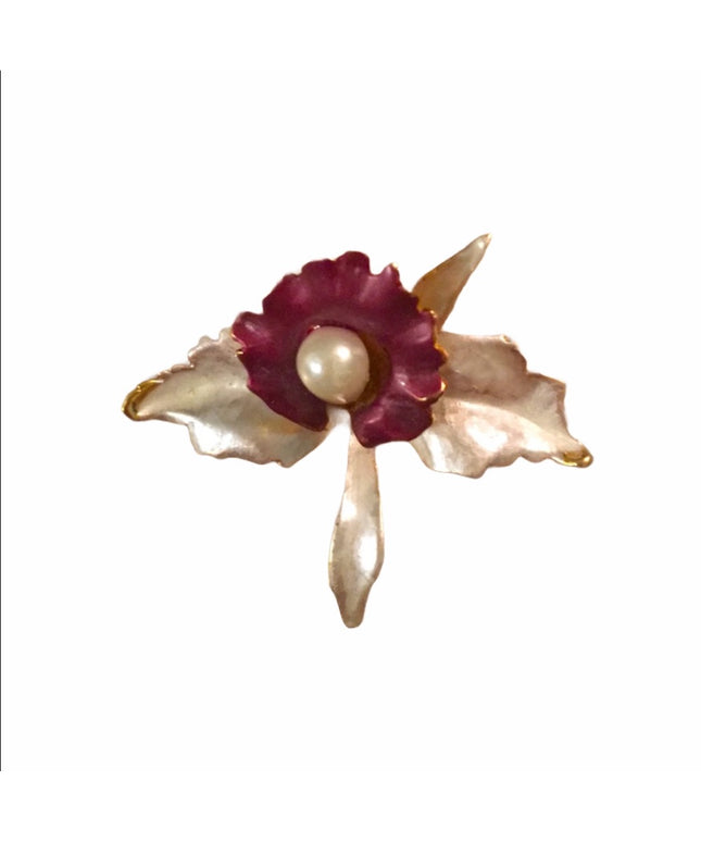 Vintage flower brooch enamel Orchid gold tone
