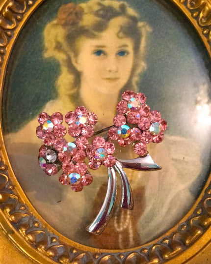 Vintage pink crystal flower brooch