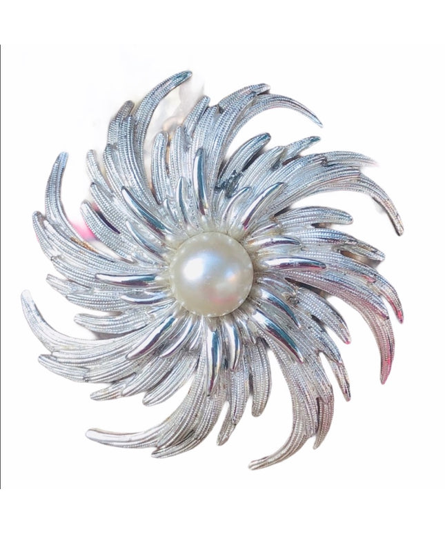 Vintage Sarah Cov Silver faux pearl swirl brooch