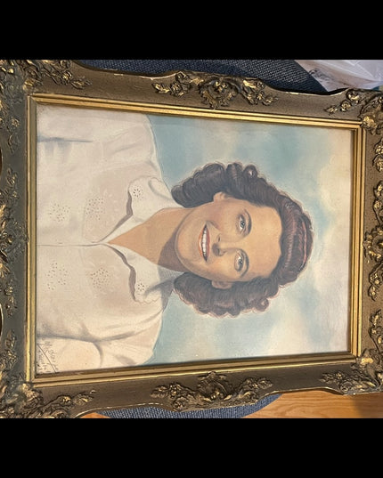 1950s Lady pastel drawing ornate gold  Vintage