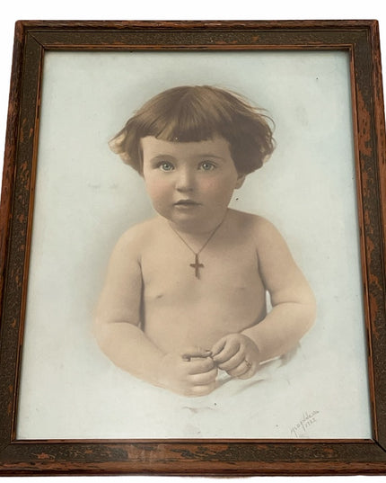 Beautiful Antique Framed Baby photo crucifix child Victorian 1922
