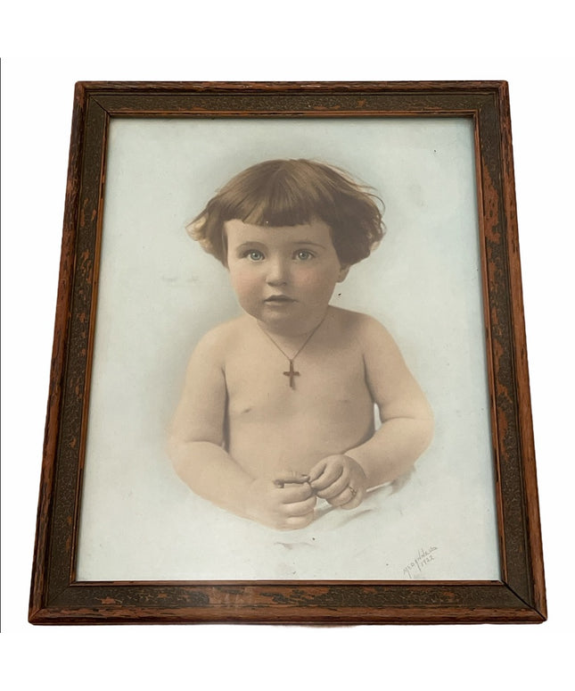Beautiful Antique Framed Baby photo crucifix child Victorian 1922