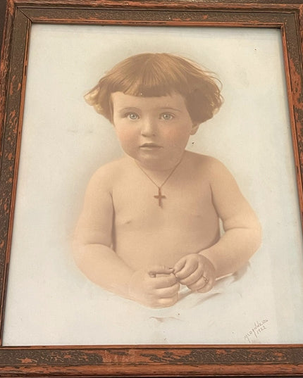 Beautiful Antique Framed Baby photo crucifix child Victorian 1922