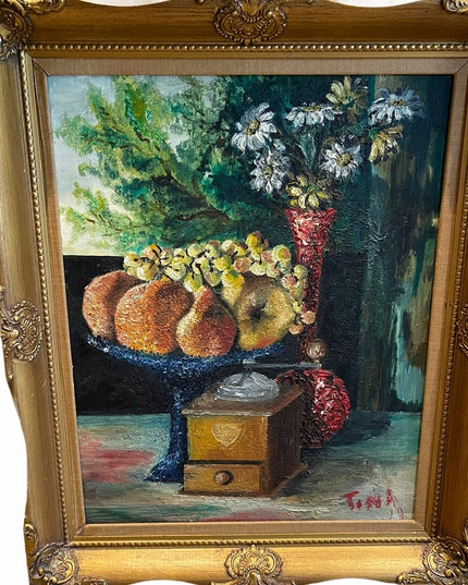 Antique Still life oil painting Gold frame signed