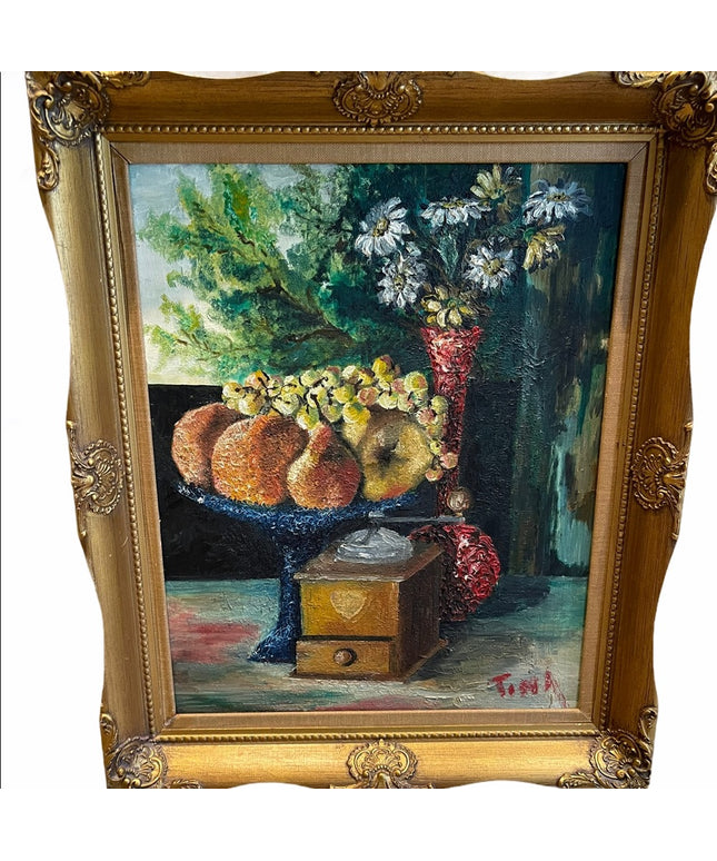 Antique Still life oil painting Gold frame signed