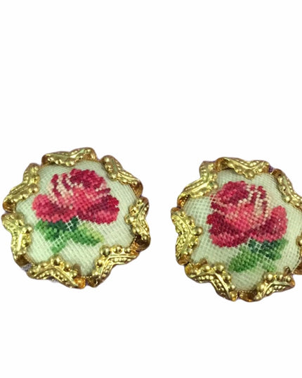 Vintage Needlepoint flower Clip on earrings