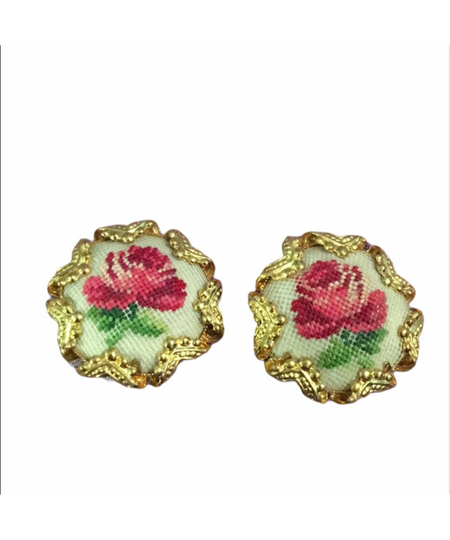 Vintage Needlepoint flower Clip on earrings