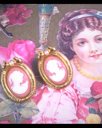 Vintage gold finish cameo faux pearl earrings