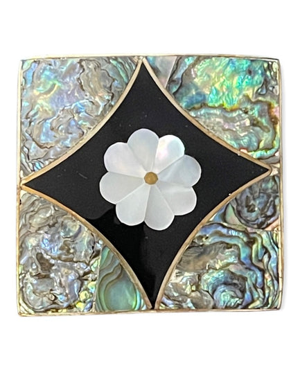 Vintage Alpaca silver Mexico Abalone Sqare flower brooch pendant