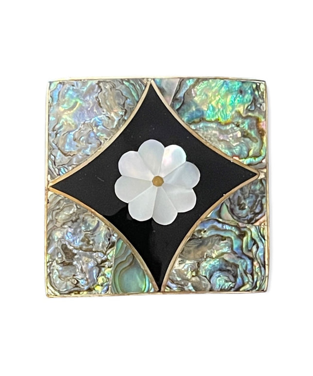 Vintage Alpaca silver Mexico Abalone Sqare flower brooch pendant