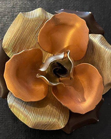 Vintage Mid century Metal Copper silver gold tone FLOWER brooch