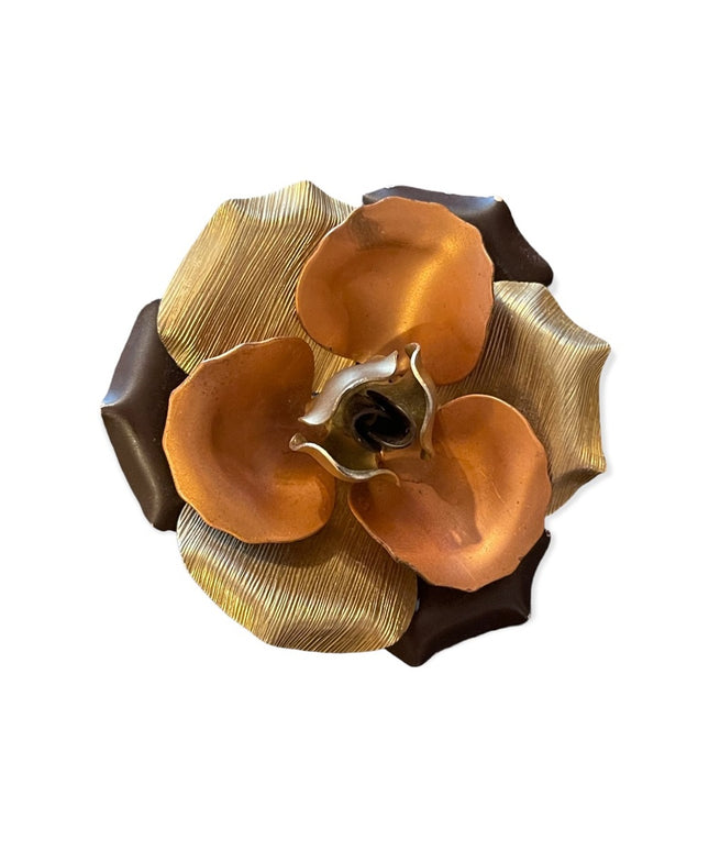 Vintage Mid century Metal Copper silver gold tone FLOWER brooch