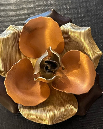 Vintage Mid century Metal Copper silver gold tone FLOWER brooch