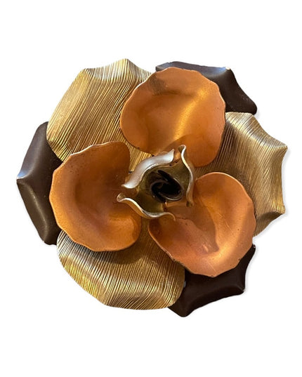 Vintage Mid century Metal Copper silver gold tone FLOWER brooch
