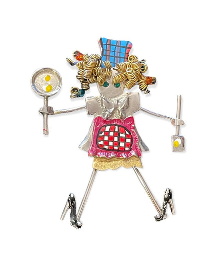 Fun girl cooking baking artesian style brooch Large