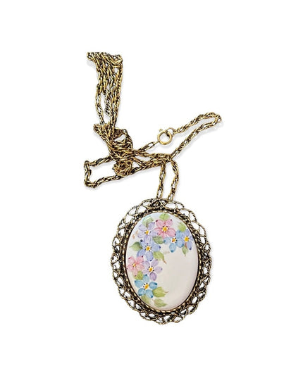 Vintage Antiqued brushed gold tone flower cameo pendant brooch  necklace