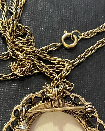 Vintage Antiqued brushed gold tone flower cameo pendant brooch  necklace