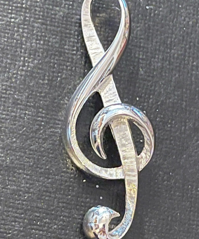 Vintage Brushed Silver Treble Clef Brooch