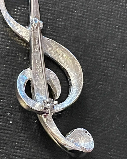 Vintage Brushed Silver Treble Clef Brooch