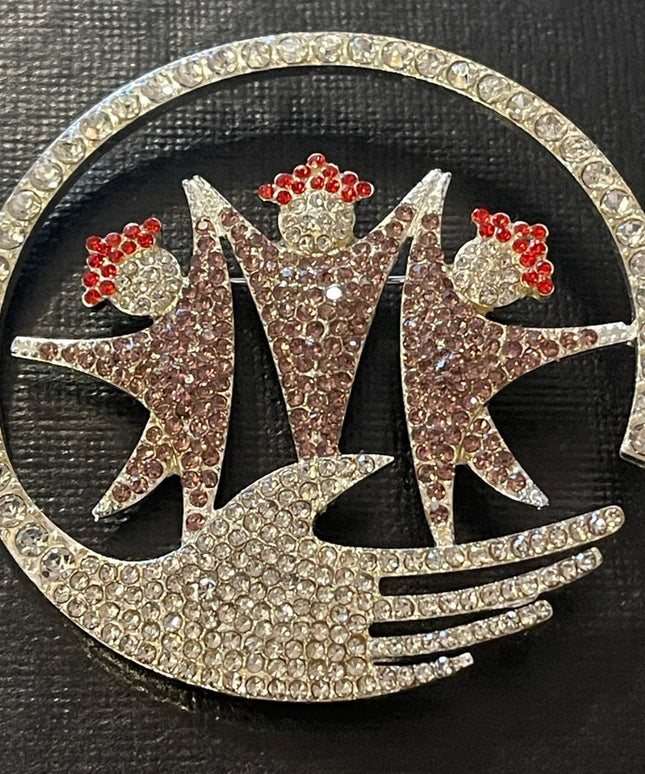 Large Vintage People Helping hands crystal rhinestone brooch