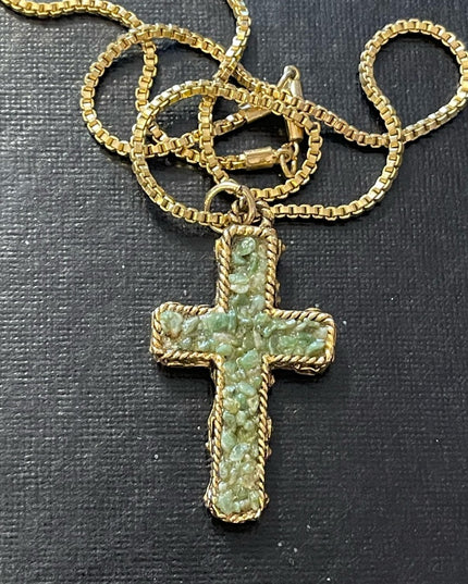 Vintage Crushed Jade Gold tone cross necklace