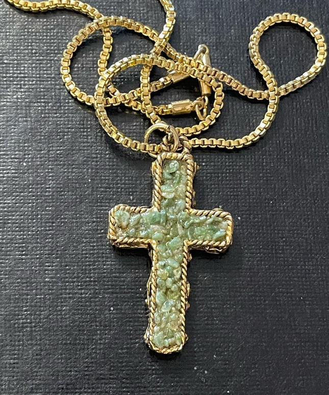 Vintage Crushed Jade Gold tone cross necklace