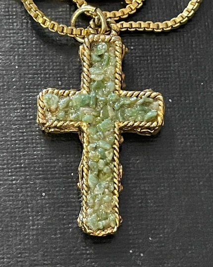 Vintage Crushed Jade Gold tone cross necklace