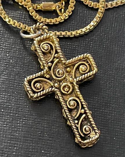 Vintage Crushed Jade Gold tone cross necklace