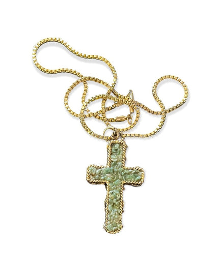 Vintage Crushed Jade Gold tone cross necklace