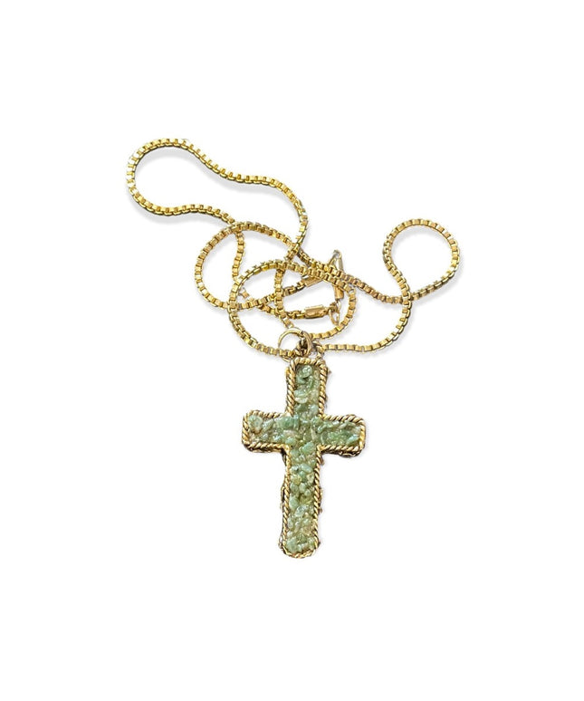 Vintage Crushed Jade Gold tone cross necklace