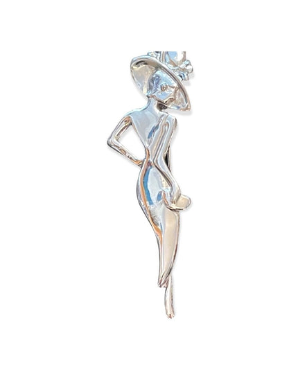 Vintage silver tone metal classy lady in a dress brooch