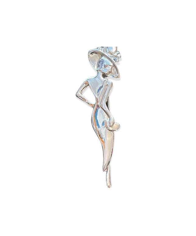 Vintage silver tone metal classy lady in a dress brooch