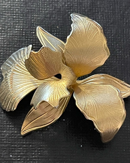 Vintage etched gold plated orchid brooch